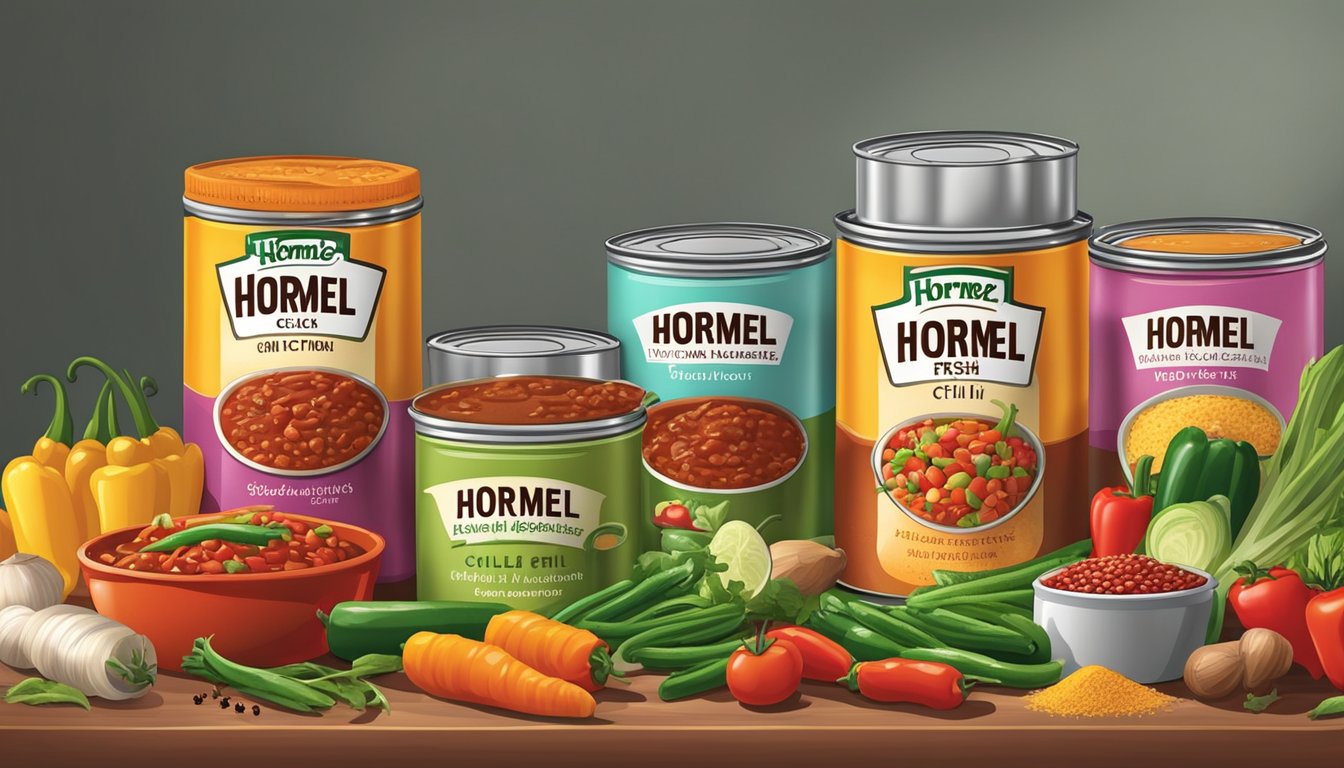 A kitchen counter with open cans of Hormel Chili, fresh vegetables, and various spices, ready to be used for quick Tex-Mex dishes