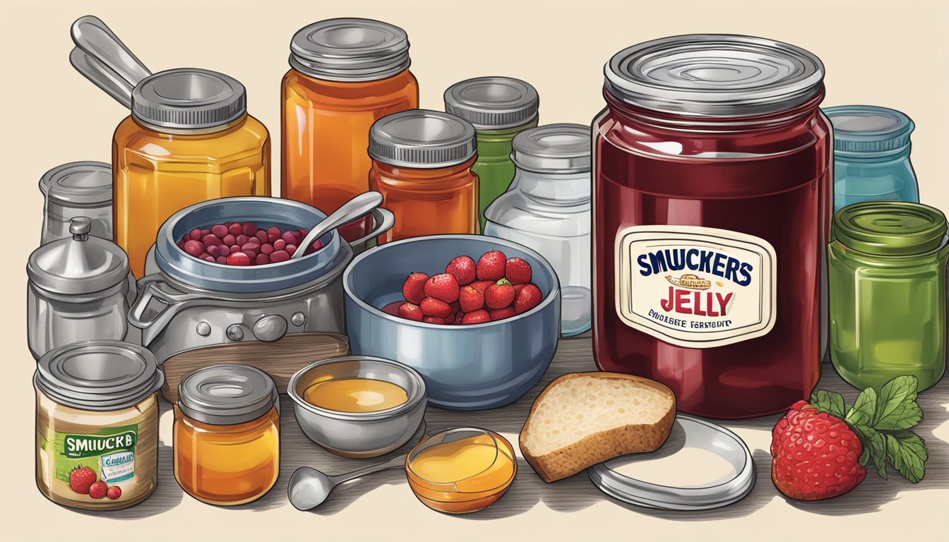 A jar of Smucker's jelly surrounded by various ingredients and cooking utensils, with pots and pans on a stovetop