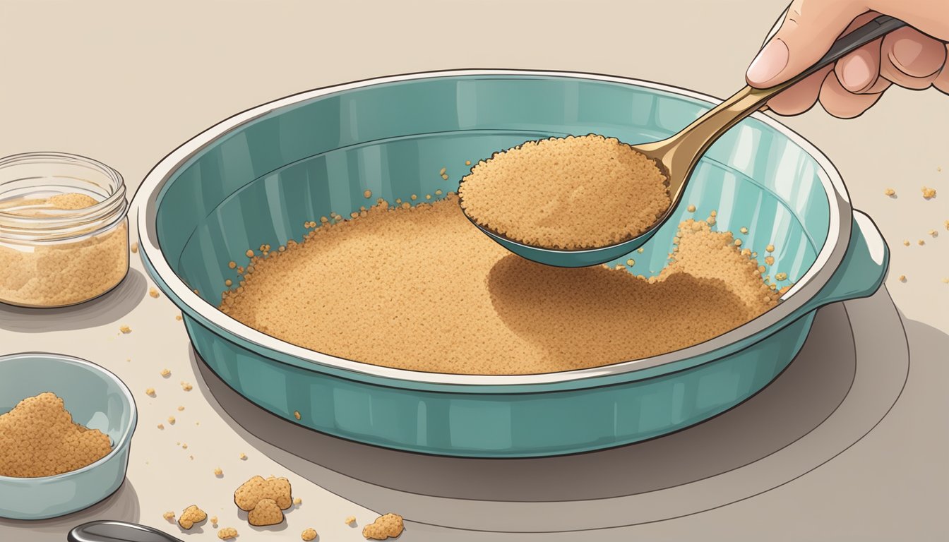 A hand rolling out graham cracker crumbs in a pie dish, with a spoon pressing the crumbs into the bottom