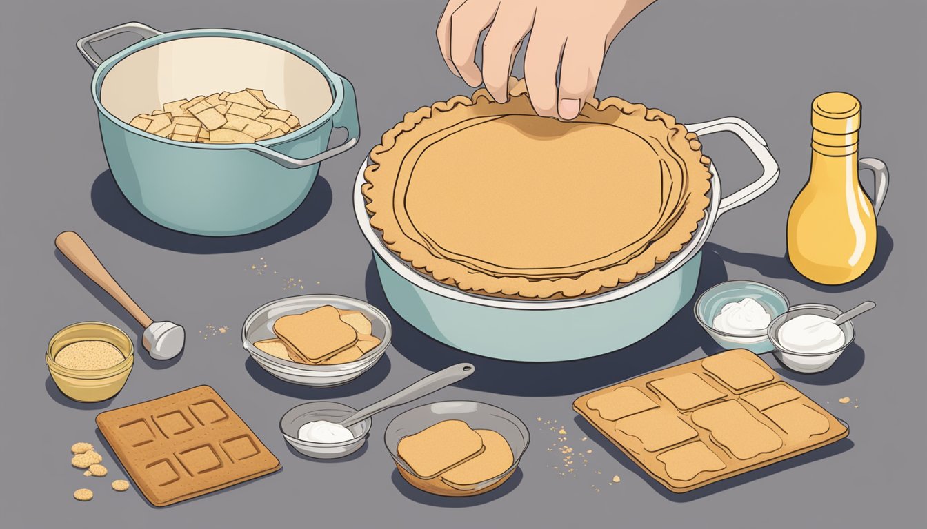 A hand pressing graham crackers into a pie dish, a rolling pin, and a mixing bowl with pie filling ingredients