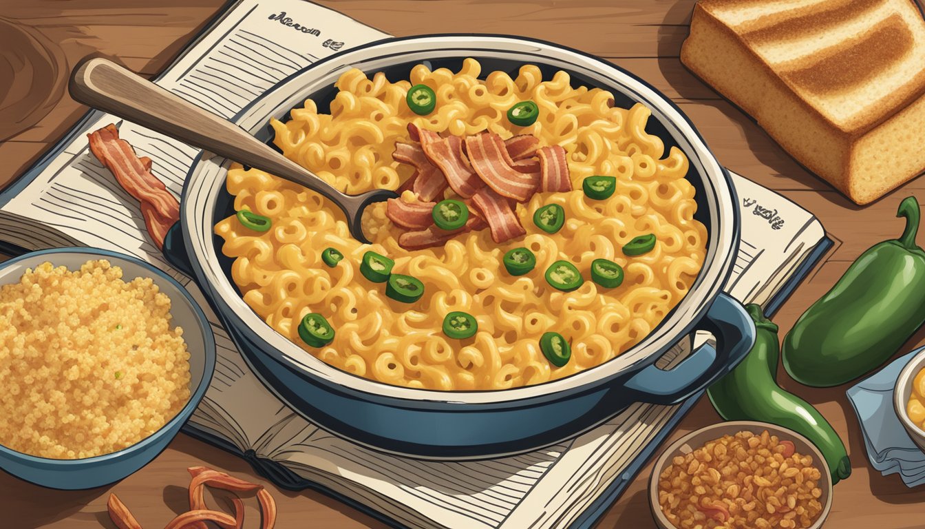 A steaming bowl of Kraft Macaroni & Cheese surrounded by ingredients like bacon, jalapenos, and breadcrumbs, with a vintage cookbook open to a page on comfort food twists