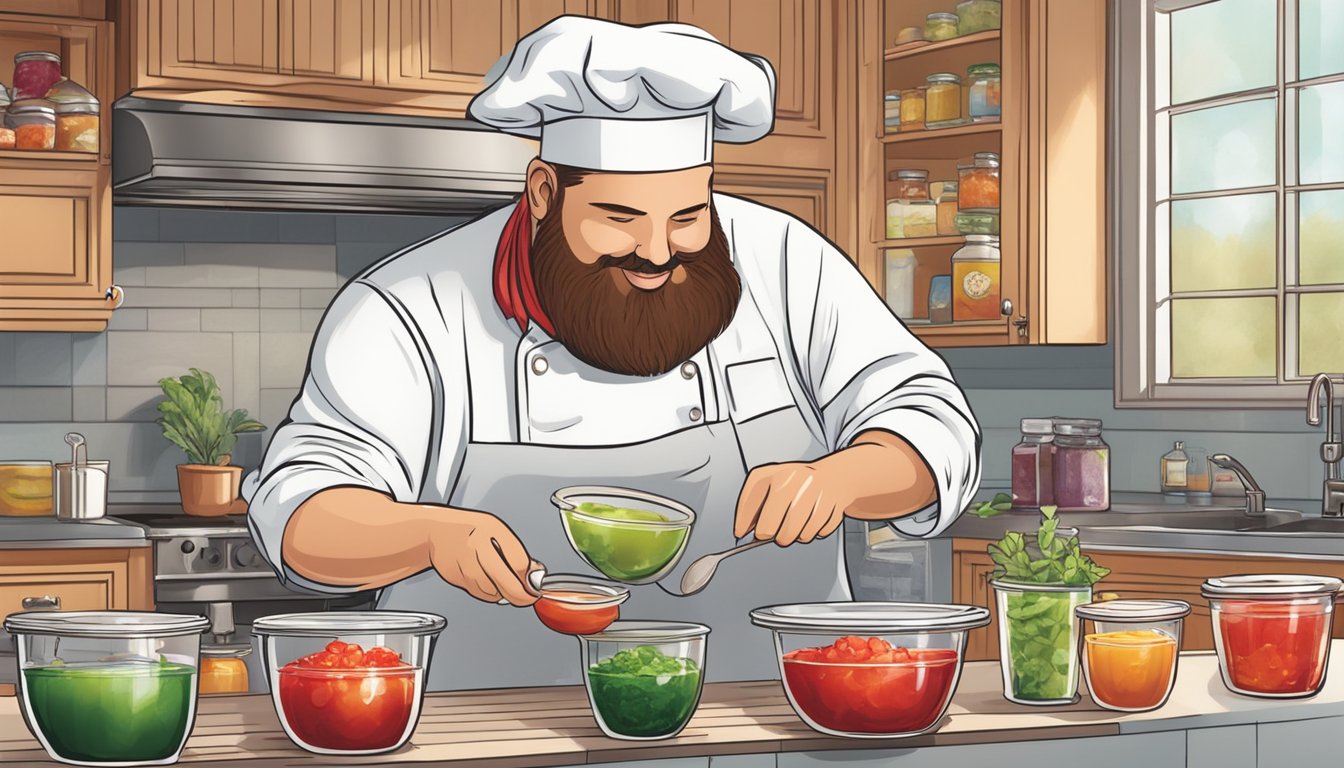 A chef mixing Smucker's jelly with various ingredients in a kitchen, creating sweet and savory sauces for a variety of dishes