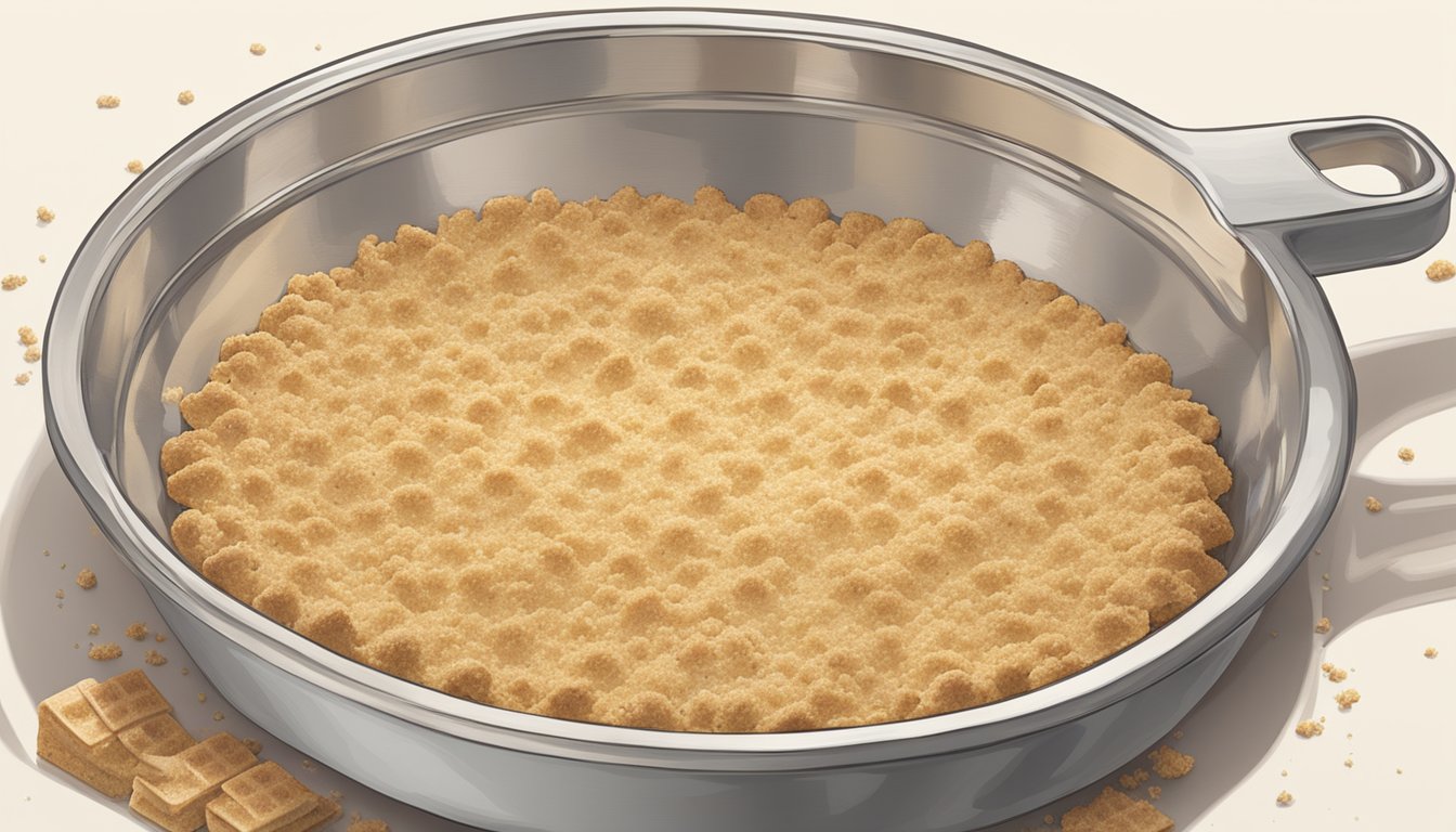 A rolling pin flattens graham crackers into crumbs, which are then mixed with melted butter in a glass pie dish