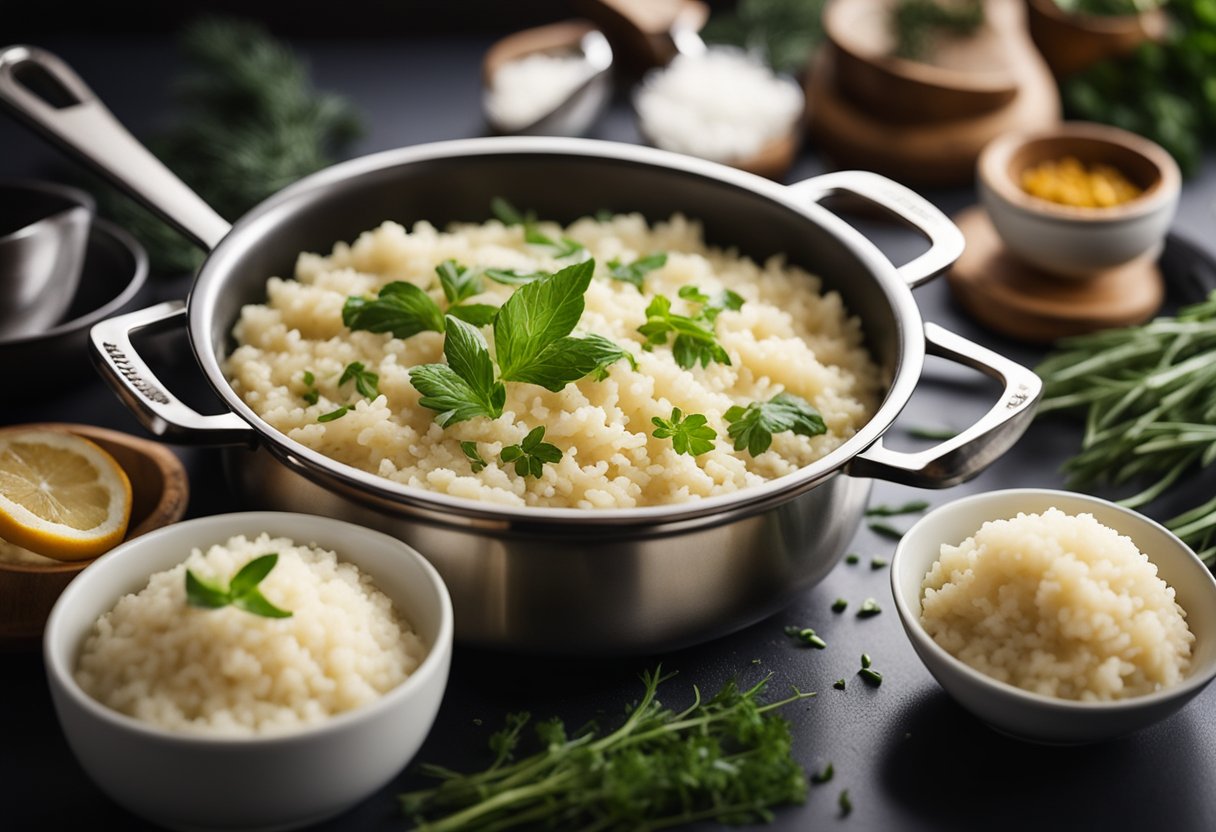 Uma panela fumegante de risoto cremoso borbulha no fogão, cercada por tigelas de ervas frescas, queijo parmesão ralado e arroz Arborio.