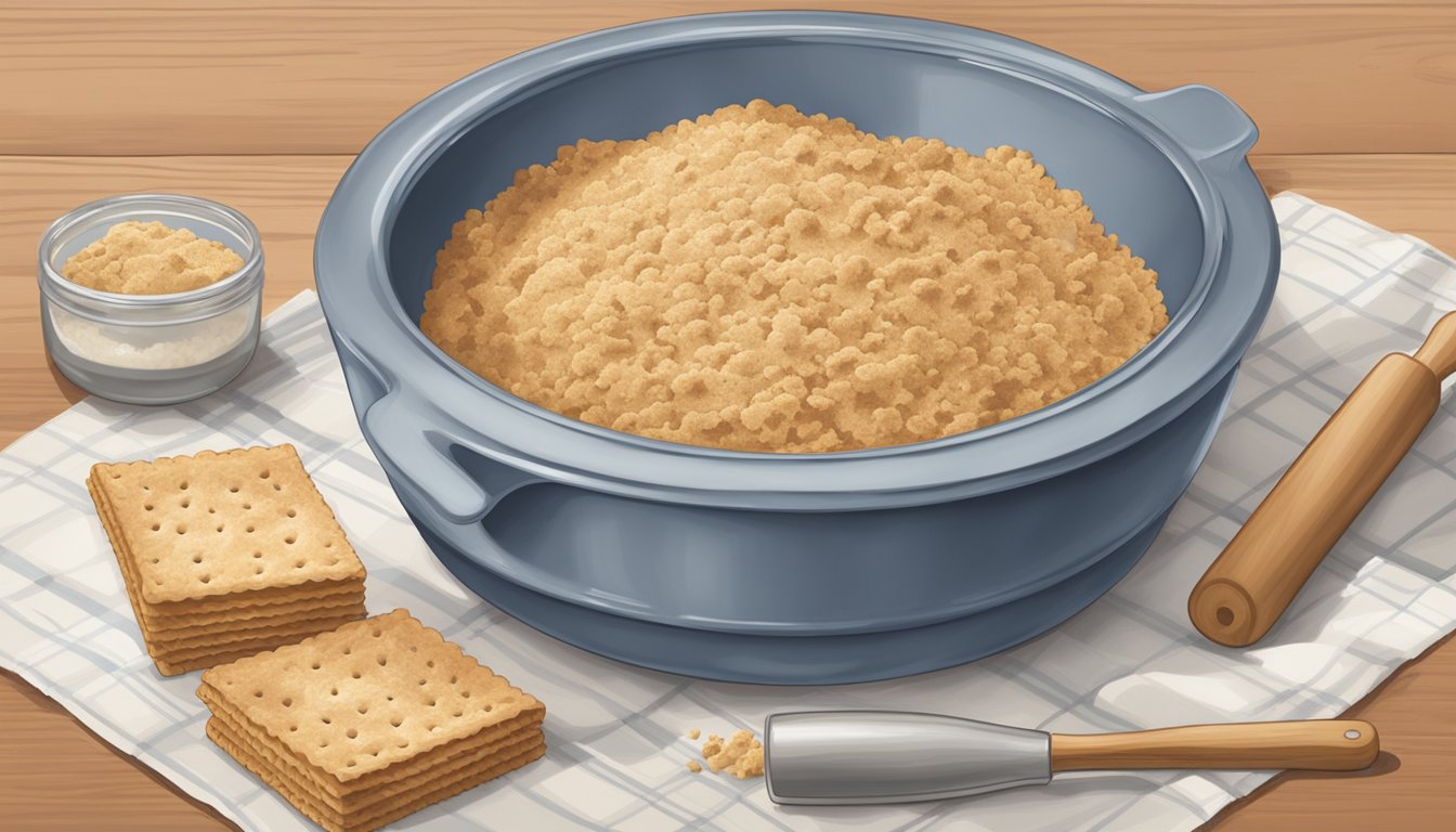 A mixing bowl filled with crushed Nabisco graham crackers, a rolling pin, and a pie dish ready for pressing the crust