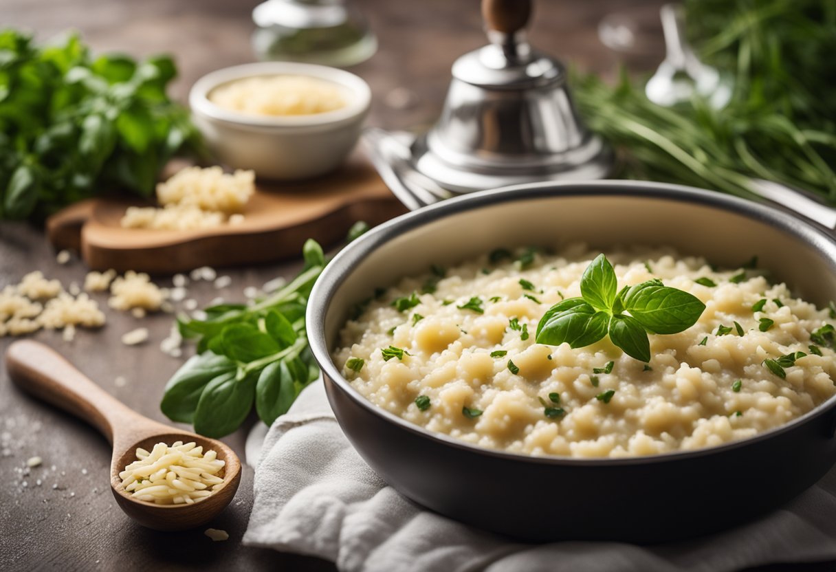 Uma panela borbulhante de risoto cremoso no fogão, cercada por ervas frescas, queijo parmesão e uma colher de pau.