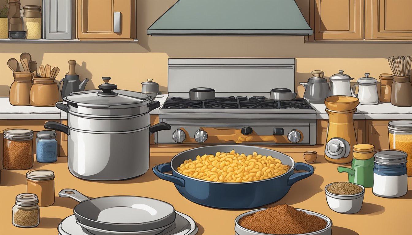 A cozy kitchen with pots and pans, a box of Kraft Macaroni & Cheese, and various international spices and ingredients scattered on the counter