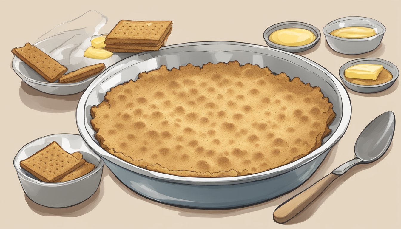 Graham crackers crumbled into a bowl, mixed with melted butter, and pressed into a pie dish