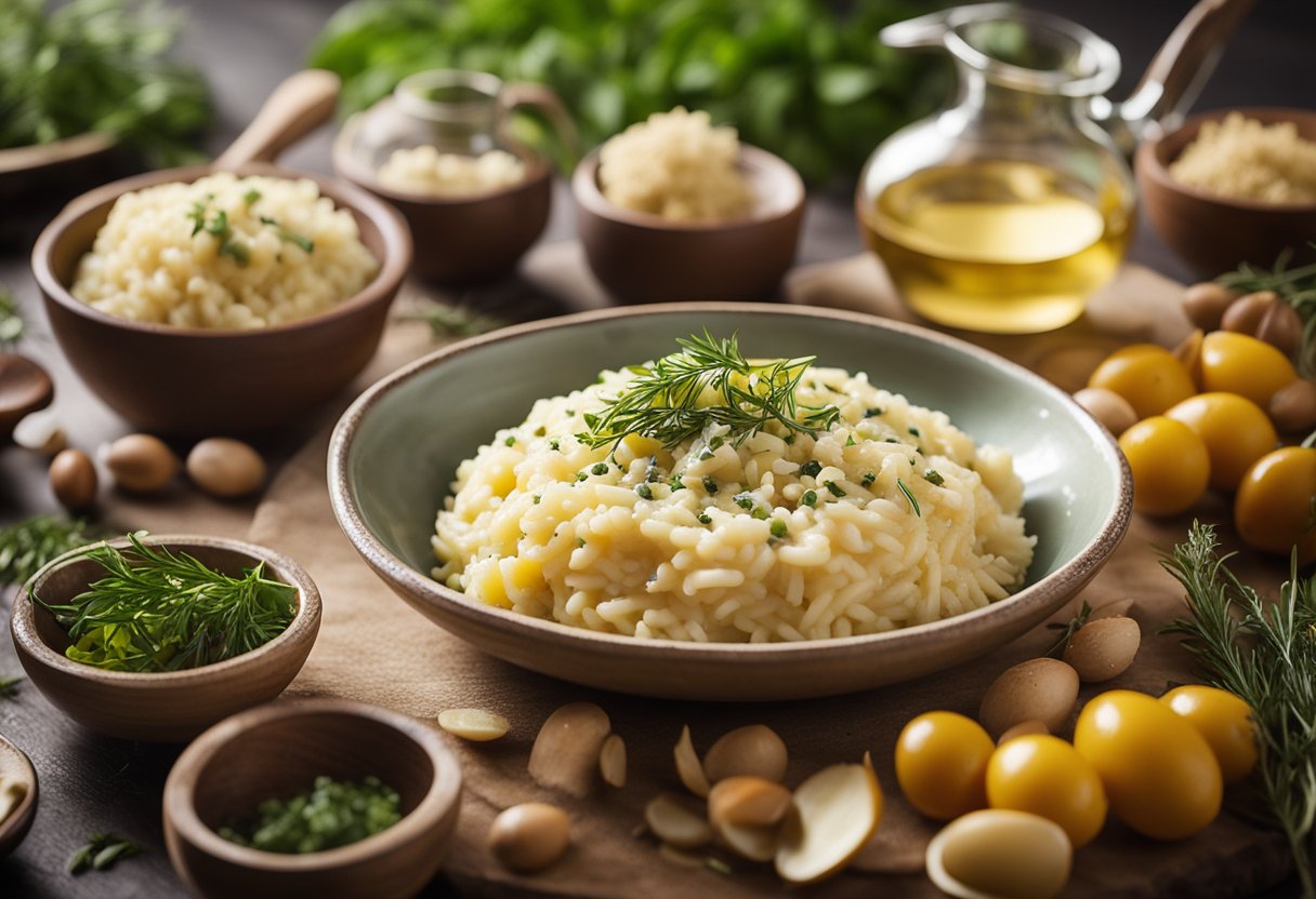 Uma panela borbulhante de risoto cremoso com parmesão espalhado, ervas frescas e um fio de azeite dourado, cercada por tigelas coloridas de ingredientes sazonais