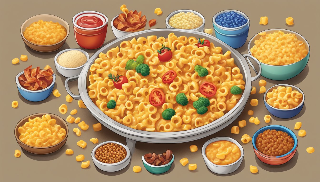 A steaming pot of Kraft Macaroni & Cheese surrounded by an array of colorful toppings and condiments, such as crispy bacon, diced tomatoes, and crunchy breadcrumbs