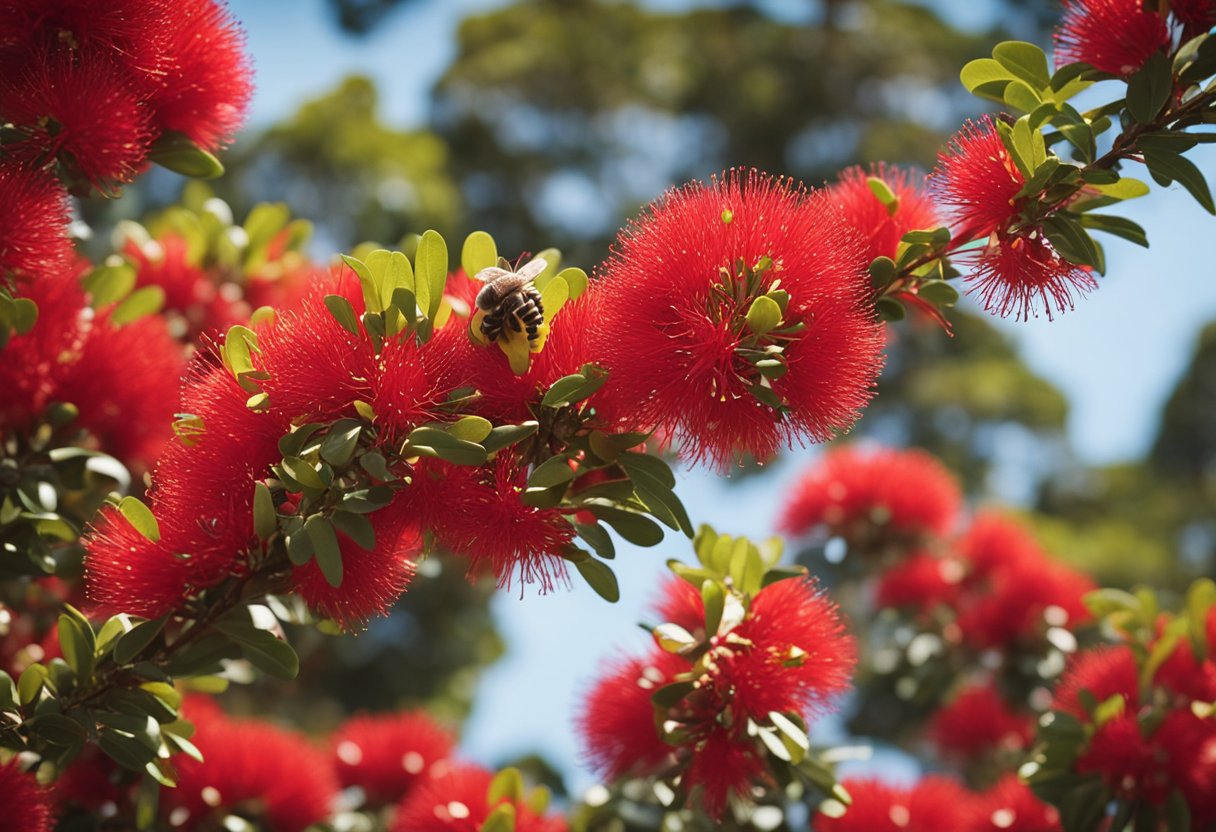 Auckland's iconic Pohutukawa trees bloom red flowers, with bees buzzing around, collecting nectar to make honey for souvenir jars