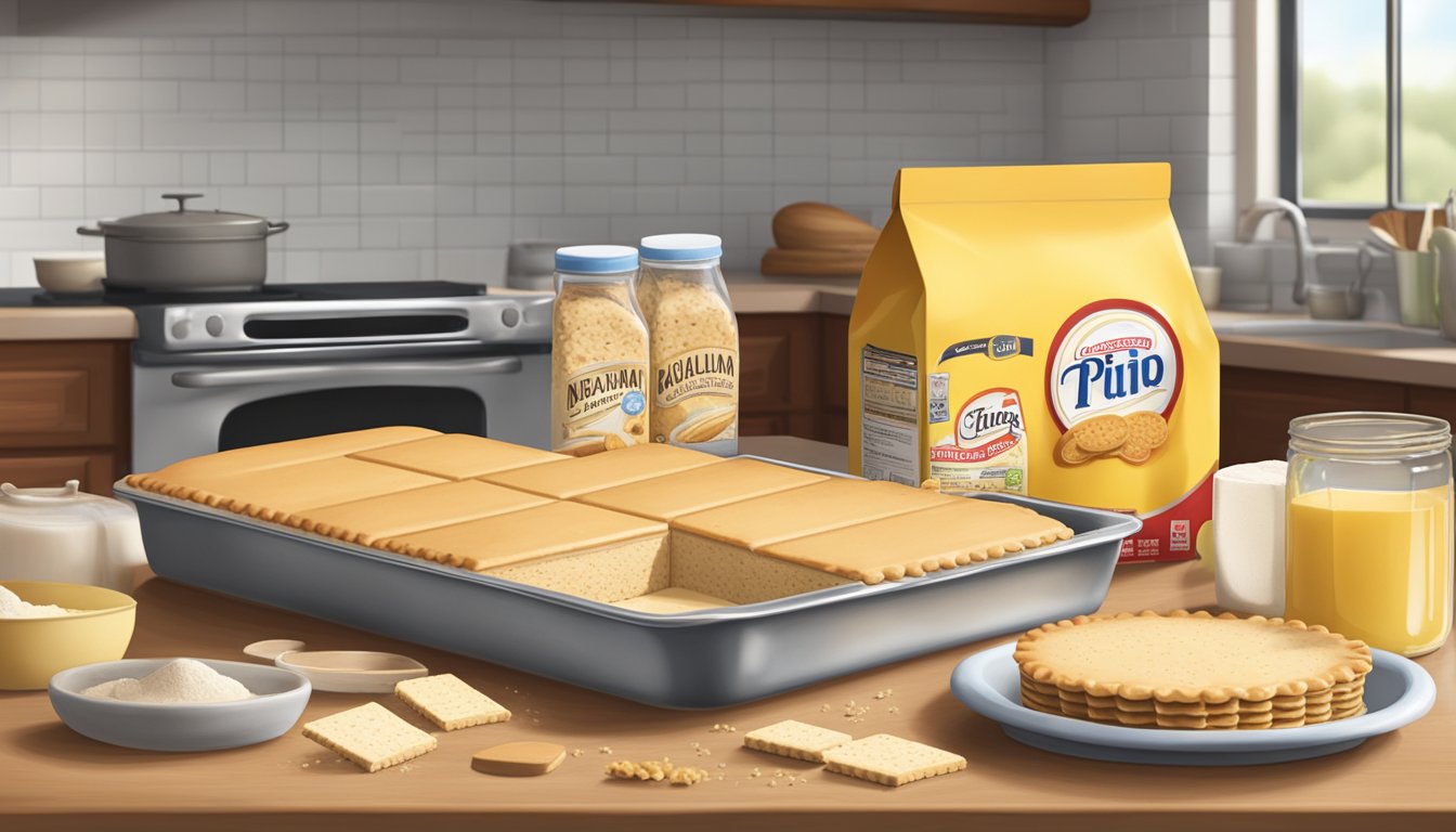 A kitchen counter with a box of Nabisco graham crackers, a rolling pin, and a pie dish, surrounded by ingredients like sugar and melted butter