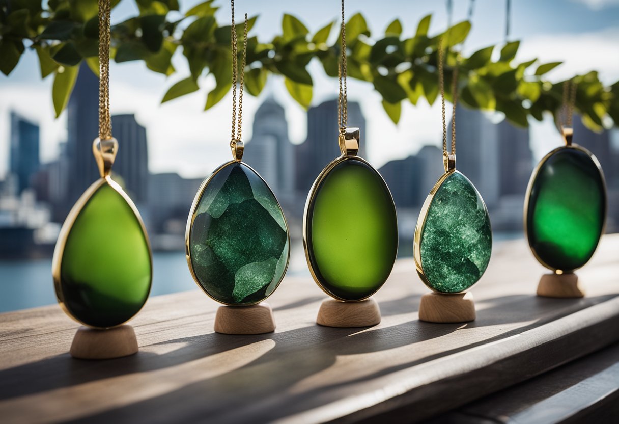 A collection of greenstone pendants arranged on a wooden display, with the Auckland skyline in the background