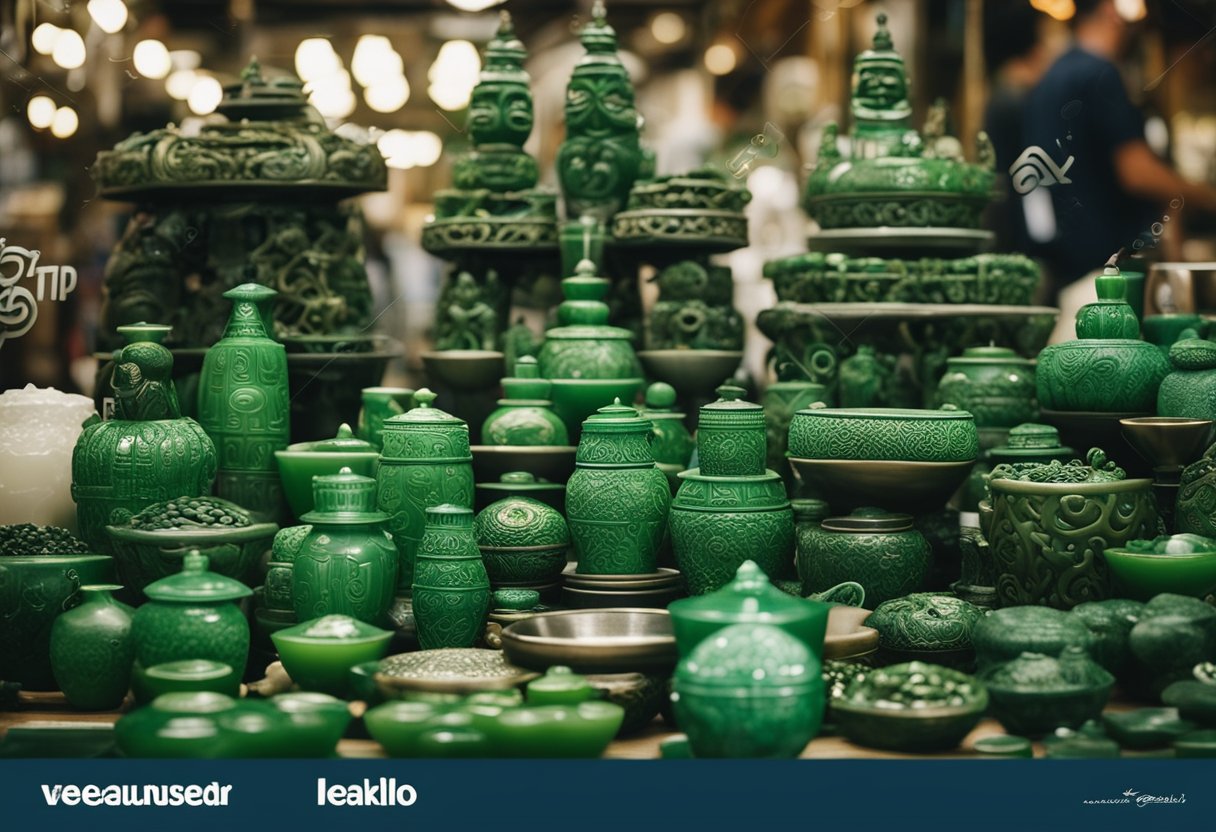 Auckland's bustling market, vibrant green jade souvenirs on display amidst traditional Maori carvings and silver jewelry