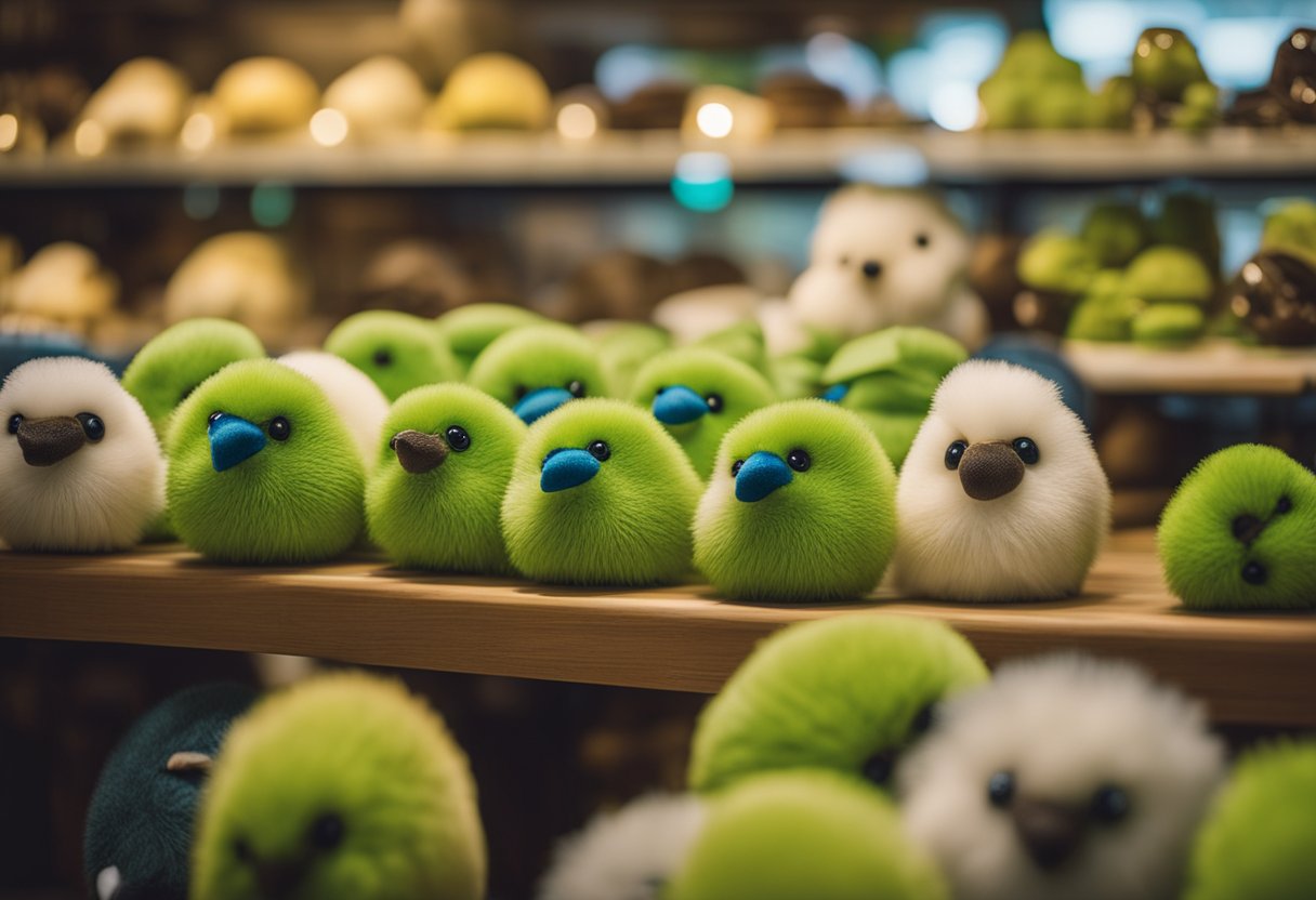 A table lined with kiwi bird plush toys in a souvenir shop in Auckland