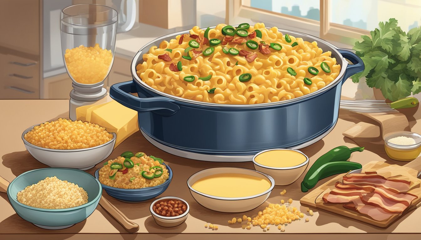 A bubbling pot of Kraft Macaroni & Cheese with added bacon, jalapenos, and breadcrumbs, surrounded by various ingredients and kitchen utensils on a countertop