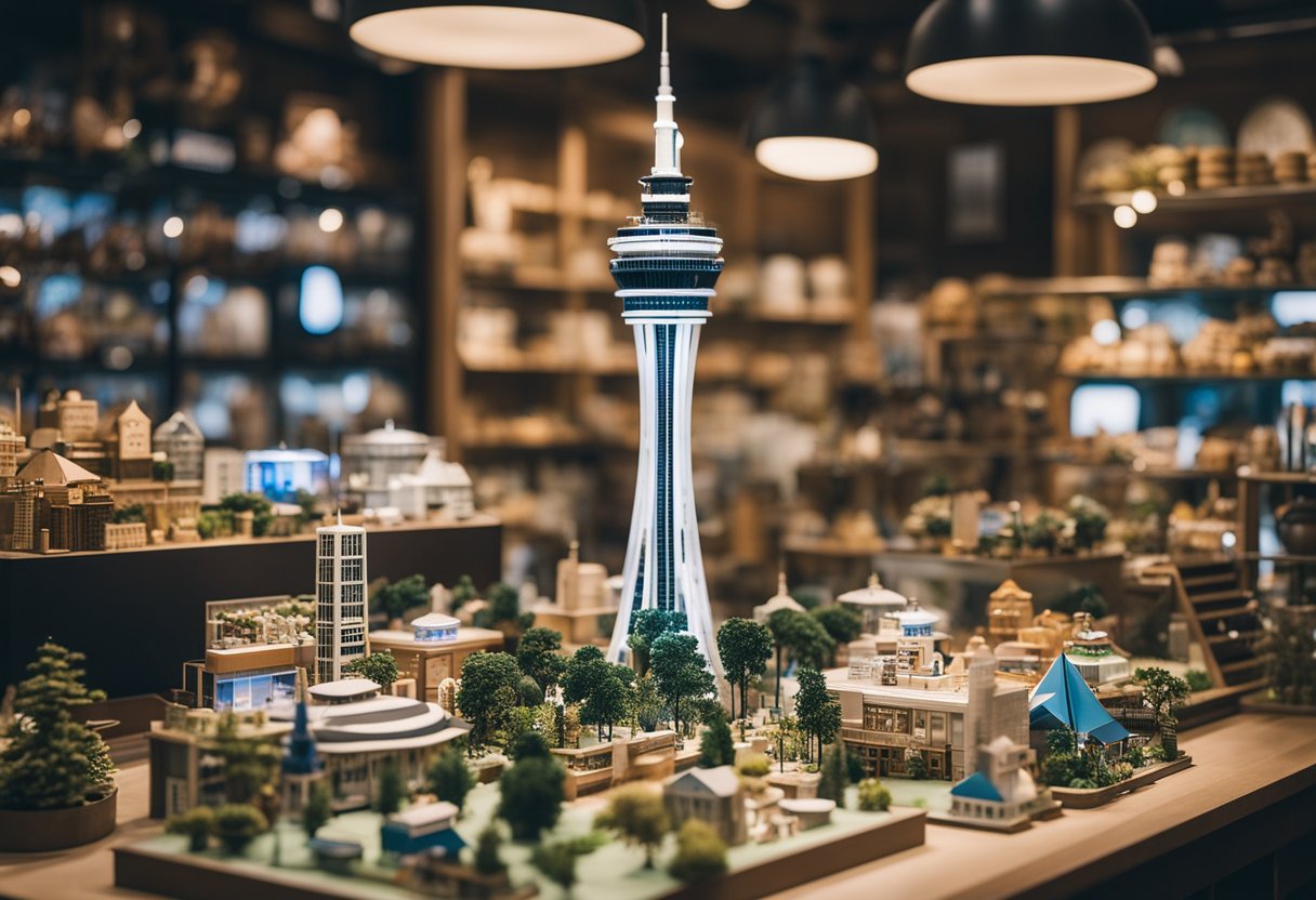 Auckland Sky Tower model surrounded by souvenir items in a gift shop