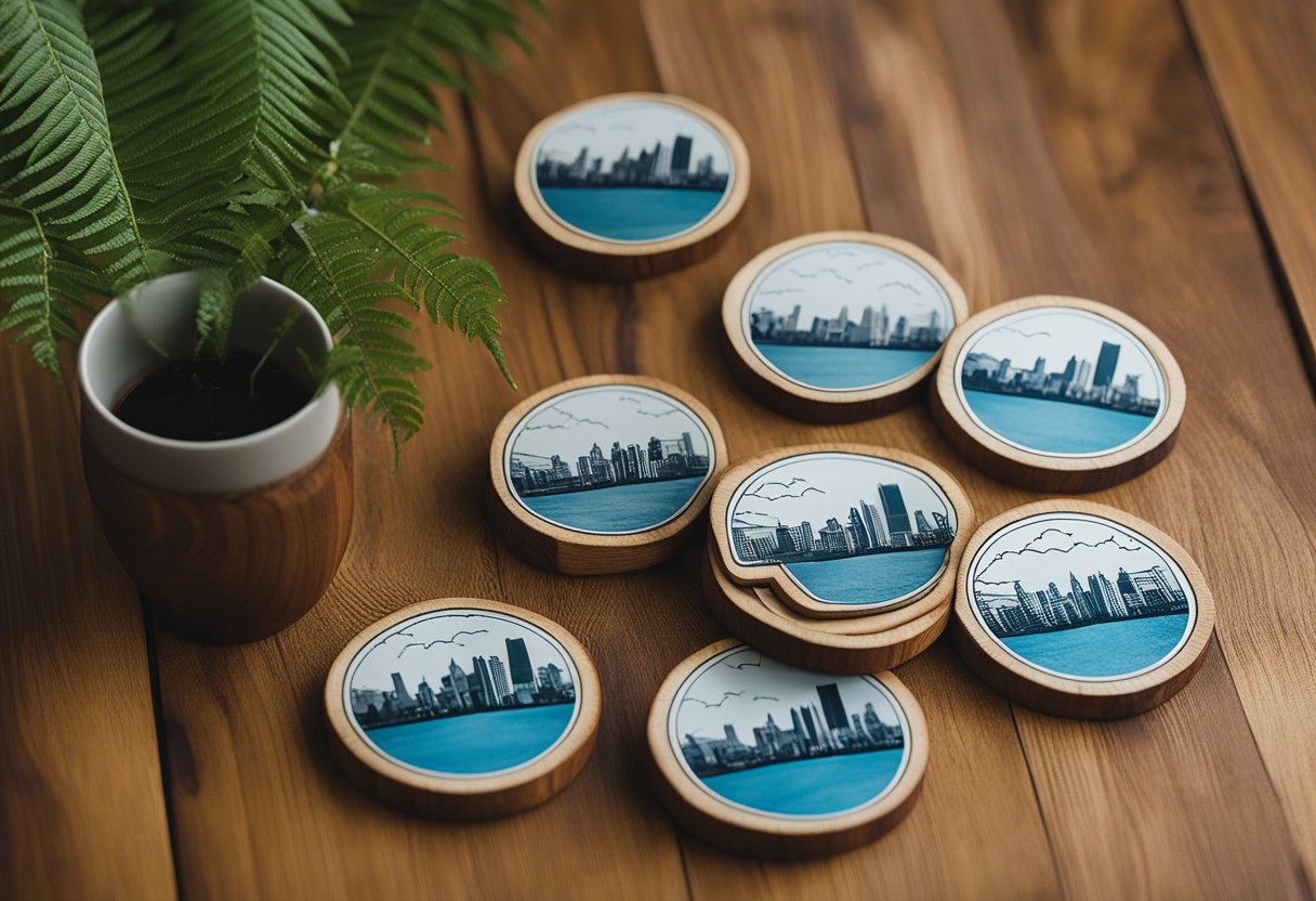 A set of rimu wood coasters with Auckland skyline etched on them, displayed on a wooden table with a fern leaf and a map of New Zealand