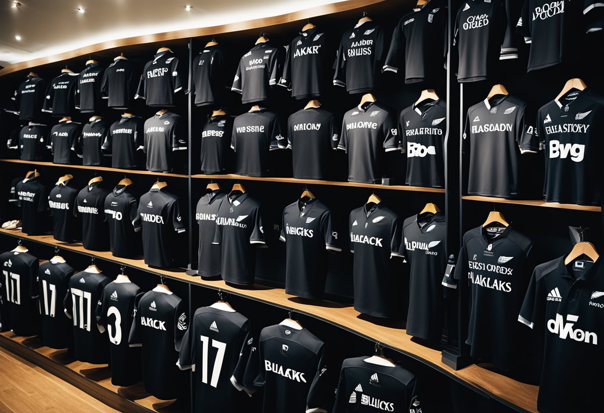 A collection of All Blacks rugby jerseys and souvenirs displayed in a shop in Auckland
