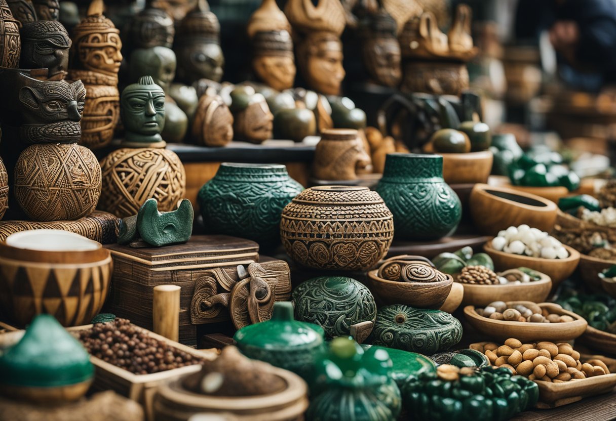 A bustling market stall in Auckland, filled with colorful and unique souvenirs such as Maori carvings, Pounamu (greenstone) jewelry, and traditional woven flax items