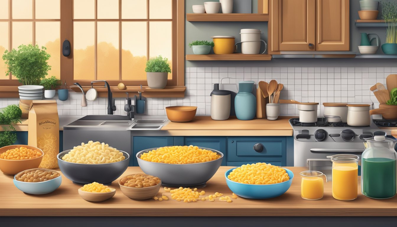 A cozy kitchen with a pot of boiling water, a box of Kraft Macaroni & Cheese, and various ingredients for customization spread out on the counter