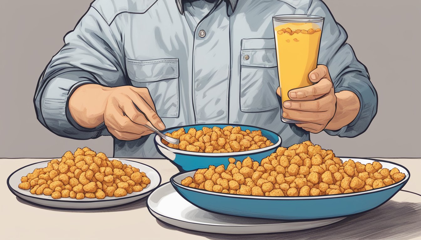 A hand holding a bowl of crushed Cap'n Crunch cereal next to a plate of raw chicken breasts