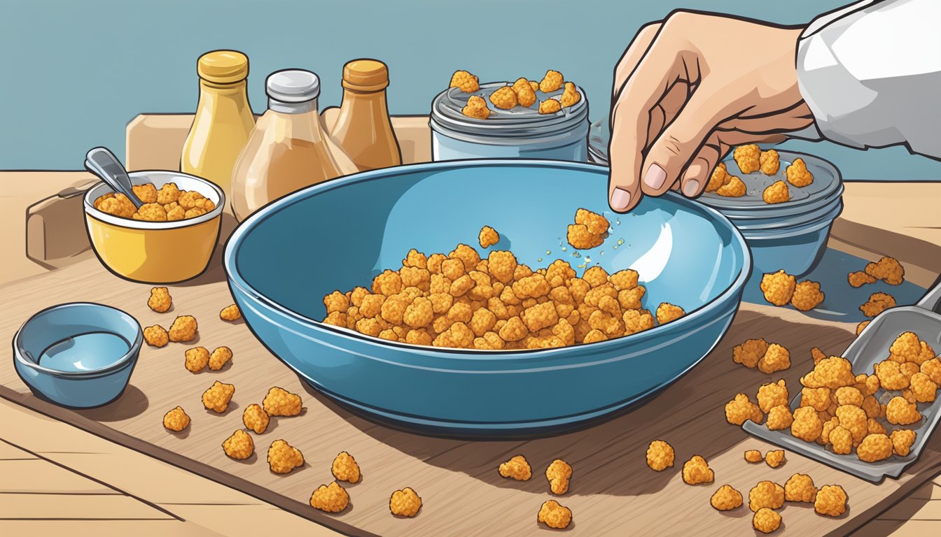 A hand dipping a chicken breast into a bowl of crushed Cap'n Crunch cereal, then placing it onto a baking sheet