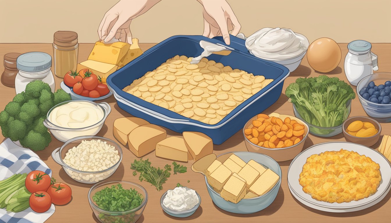 A hand placing Pillsbury Grands! biscuits in a baking dish, surrounded by ingredients like eggs, cheese, and vegetables