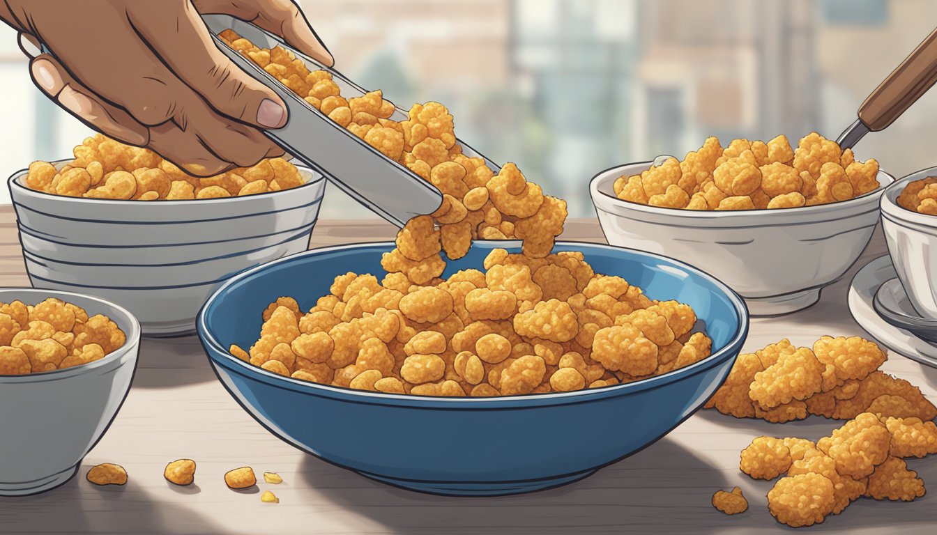 A bowl of Cap'n Crunch cereal sits next to a plate of chicken breasts. A hand reaches for the cereal, ready to crush it into a crunchy coating for the chicken