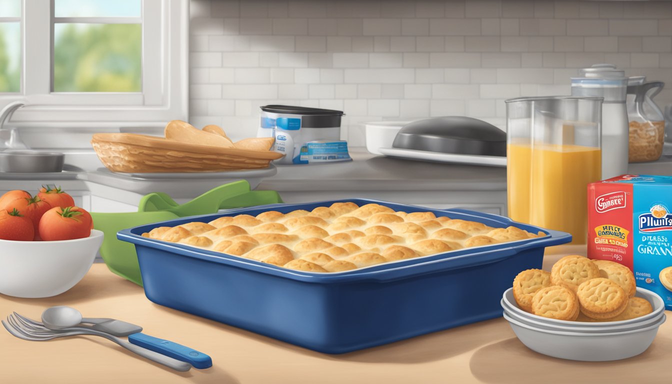 A kitchen counter with open Pillsbury Grands! biscuit packaging, assorted ingredients, and a baking dish ready for a quick casserole