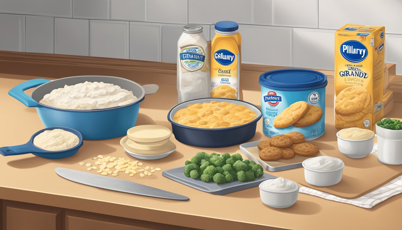 A kitchen counter with open Pillsbury Grands! biscuit can, various ingredients, and a casserole dish ready for assembly