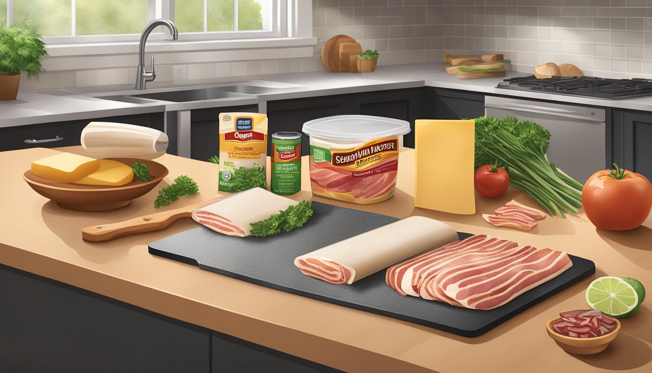 A kitchen counter with open package of Oscar Mayer bacon, cutting board, knife, and various fresh ingredients for making savory wraps