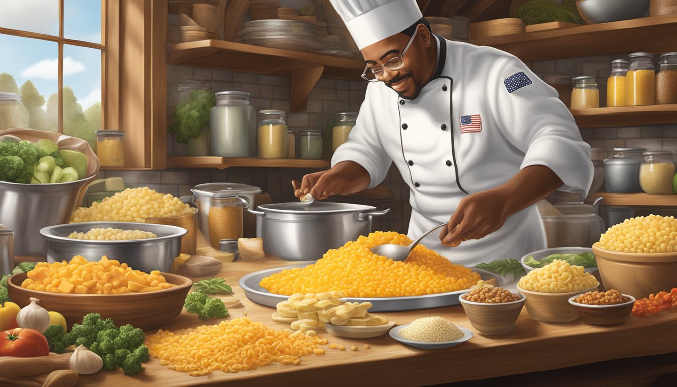 A chef grates Cracker Barrel cheese over a bubbling pot of macaroni, surrounded by bowls of gourmet ingredients