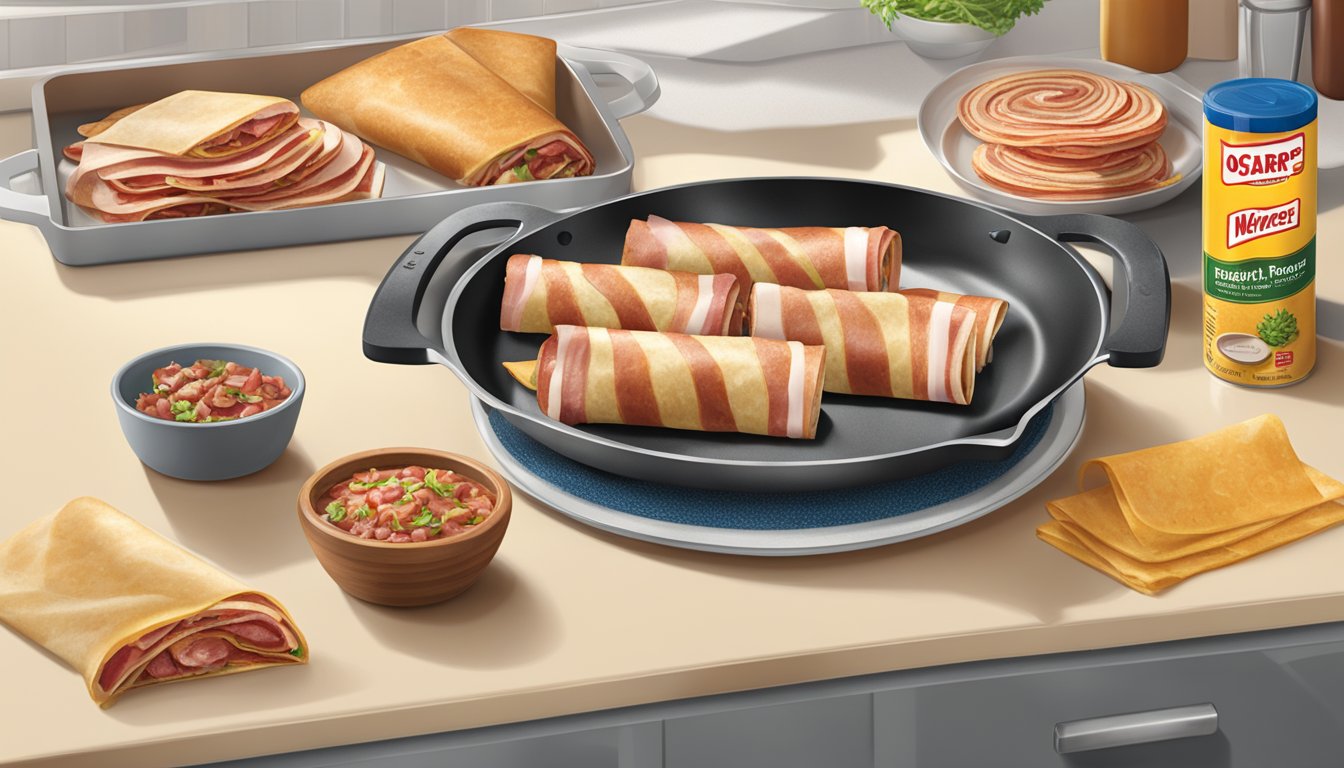 A kitchen counter with a package of Oscar Mayer bacon, a skillet, and a plate of savory wraps