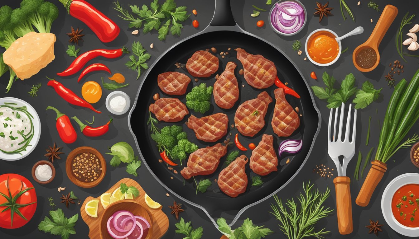 A sizzling skillet with meat and vegetables being drizzled with Tabasco sauce, surrounded by various spices and herbs