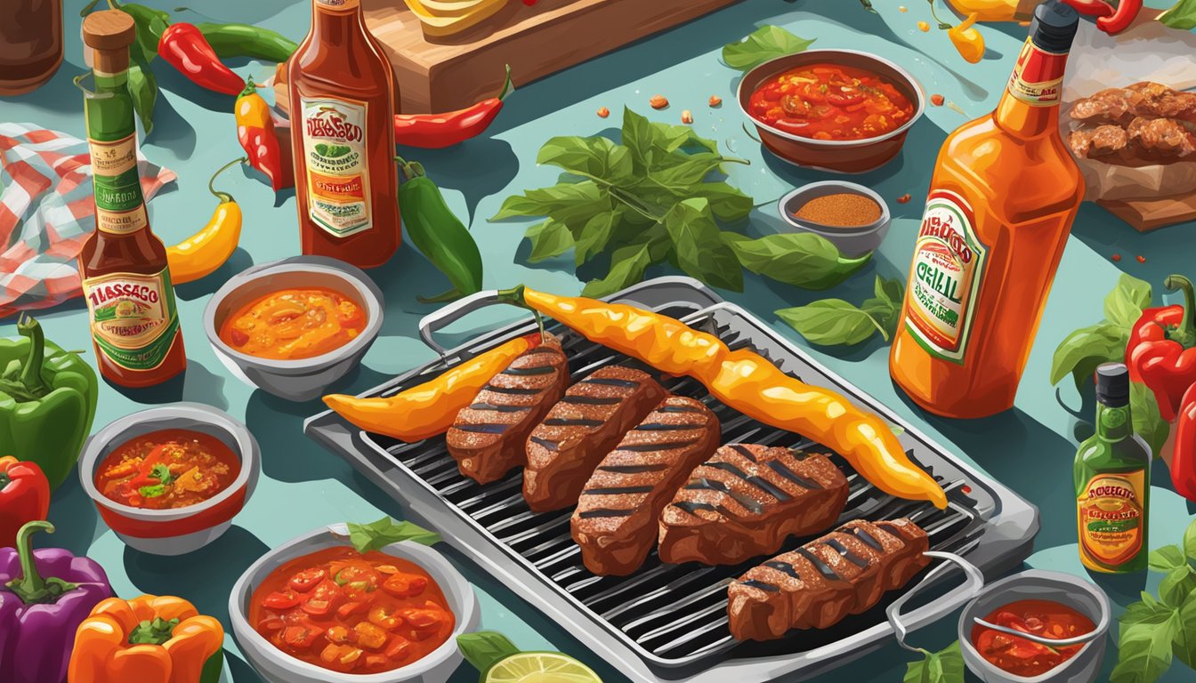 A sizzling grill with marinated meats, surrounded by vibrant peppers and spices, with a bottle of Tabasco sauce being drizzled over the food