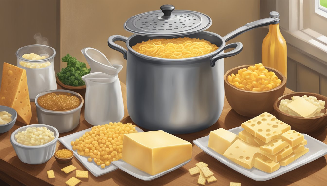 A pot of boiling water with macaroni, a block of Cracker Barrel cheese, and various gourmet ingredients laid out on a kitchen counter