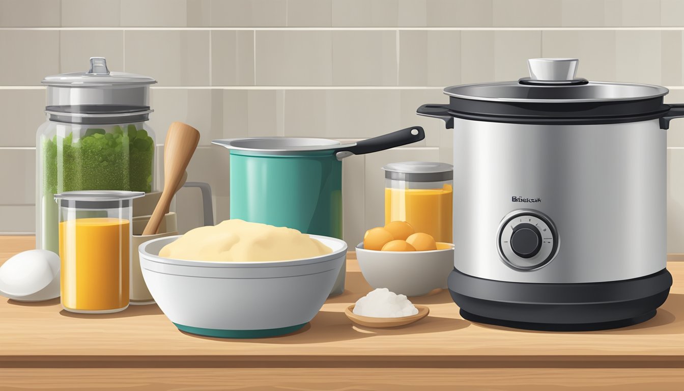 A mixing bowl with Bisquick, a rolling pin, and a filled pot on a stovetop. Ingredients and utensils are neatly arranged on a clean countertop