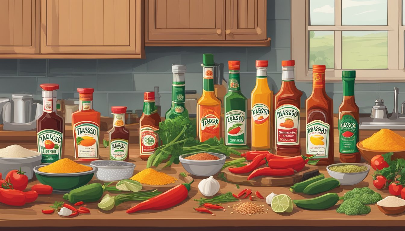 A colorful array of ingredients and cooking supplies arranged on a kitchen counter, with a bottle of Tabasco sauce prominently displayed for making spicy marinades