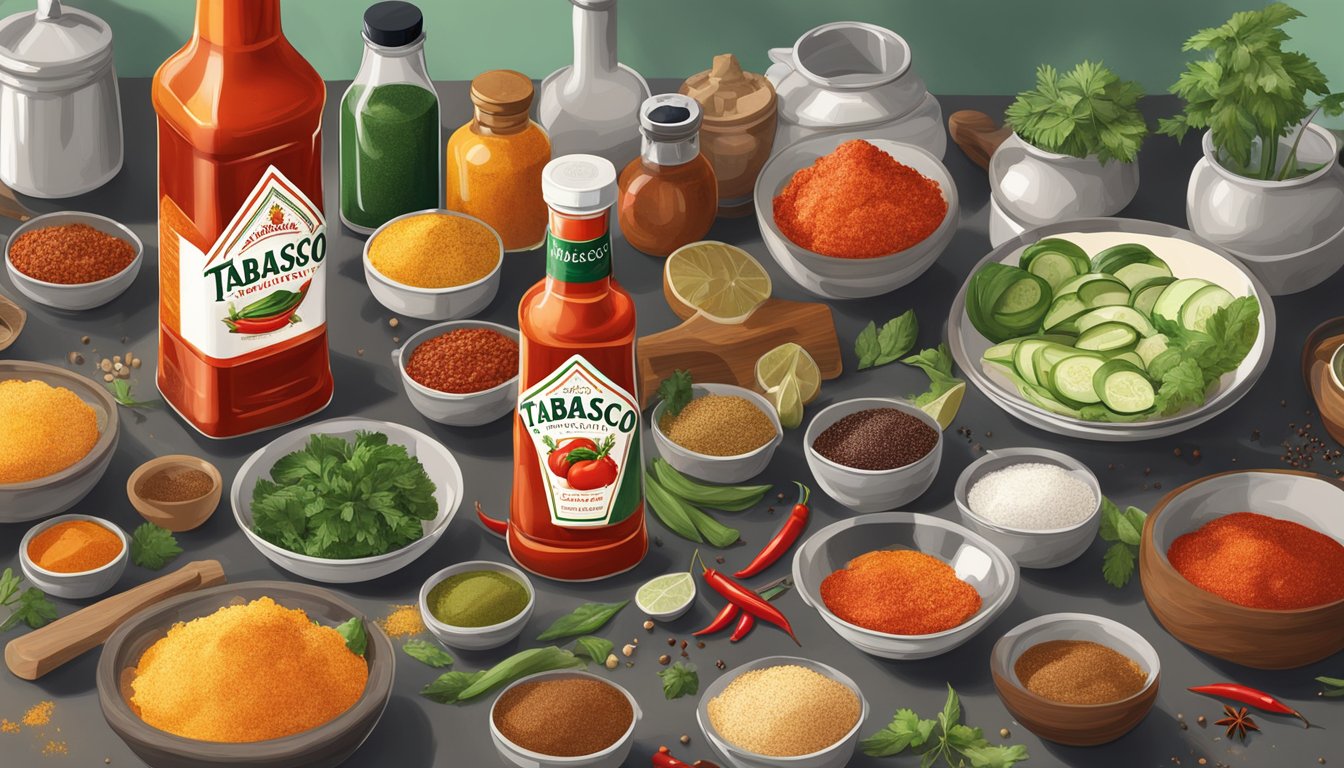 A bottle of Tabasco sauce pouring into a bowl of marinade ingredients, surrounded by various spices and condiments on a kitchen counter