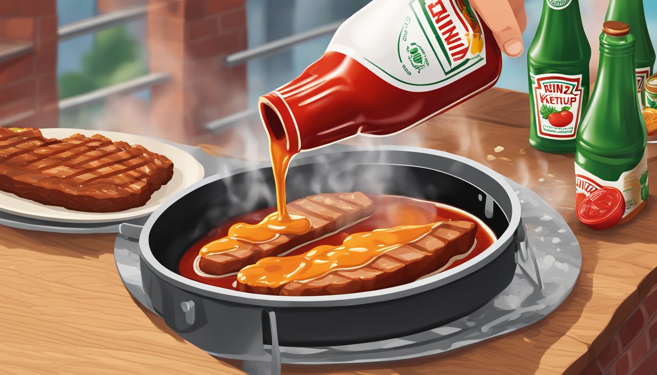 A bottle of Heinz ketchup being drizzled onto a sizzling grill, creating a tangy glaze over a piece of meat