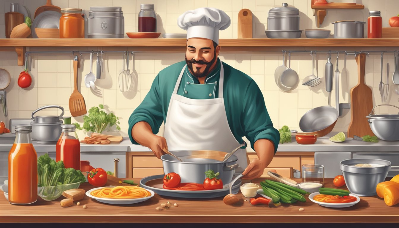 A chef using Heinz ketchup to create tangy glazes for traditional recipes, surrounded by various cooking ingredients and utensils