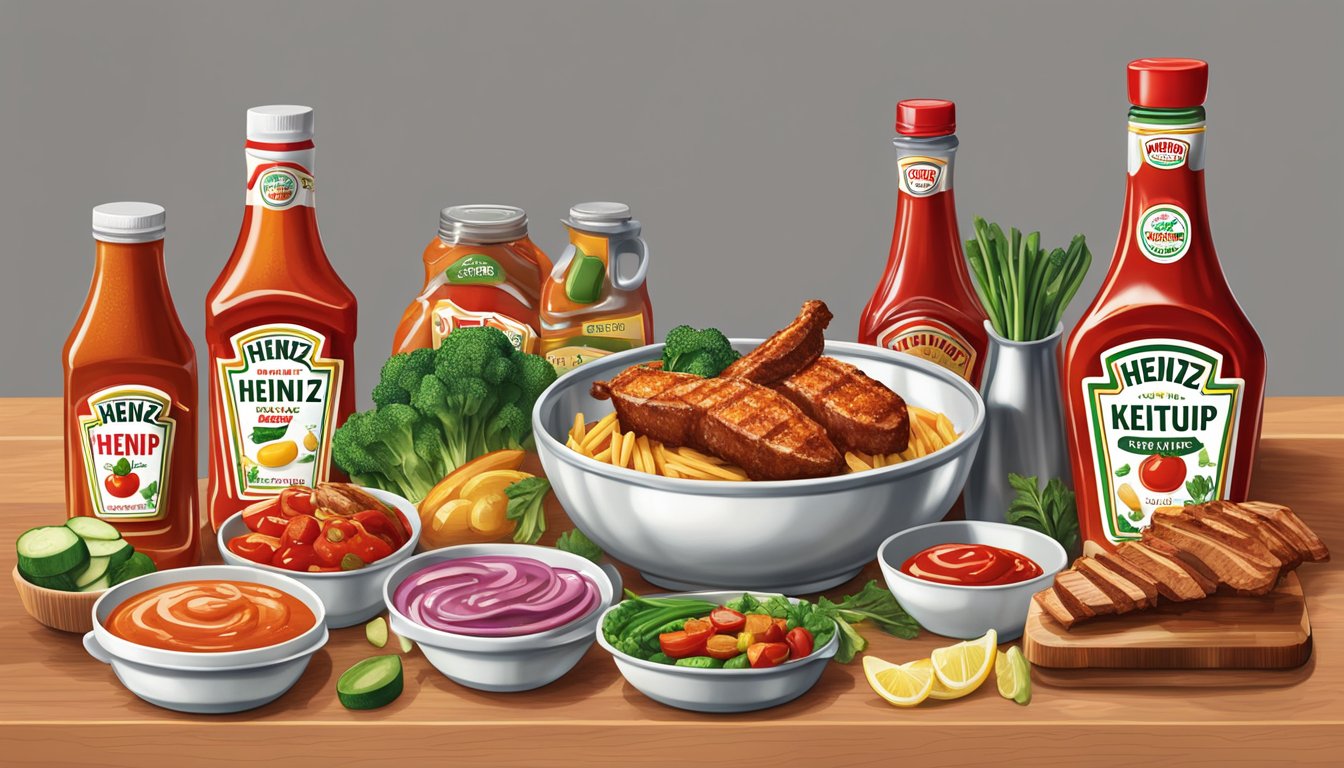 A bottle of Heinz ketchup surrounded by various dishes and ingredients, with a tangy glaze being drizzled over grilled meats and vegetables