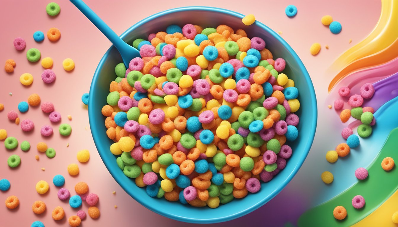 A colorful bowl of Trix cereal being sprinkled over a dessert, creating a vibrant and playful topping