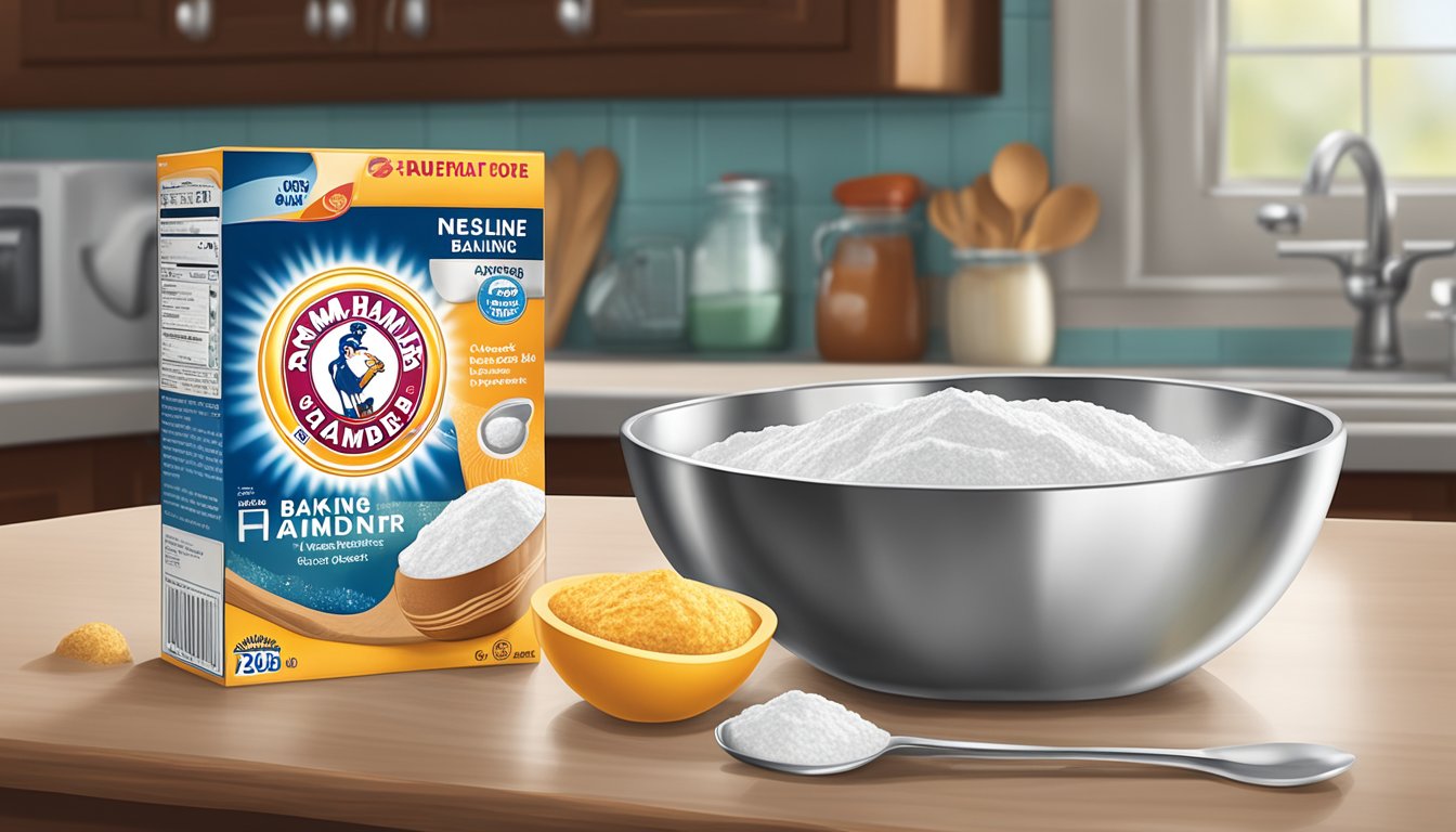 A mixing bowl with ingredients, a spoon, and a box of Arm & Hammer baking soda on a kitchen counter