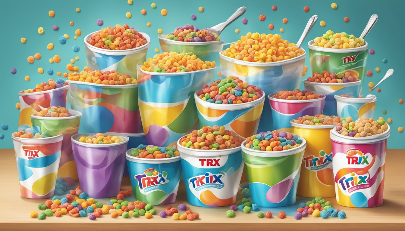 A colorful array of Trix cereal spills out of a box onto a clean, organized kitchen counter, surrounded by bowls and utensils