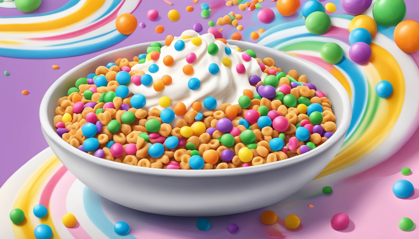 A bowl of Trix cereal pouring over a dessert, with colorful sprinkles and whipped cream nearby