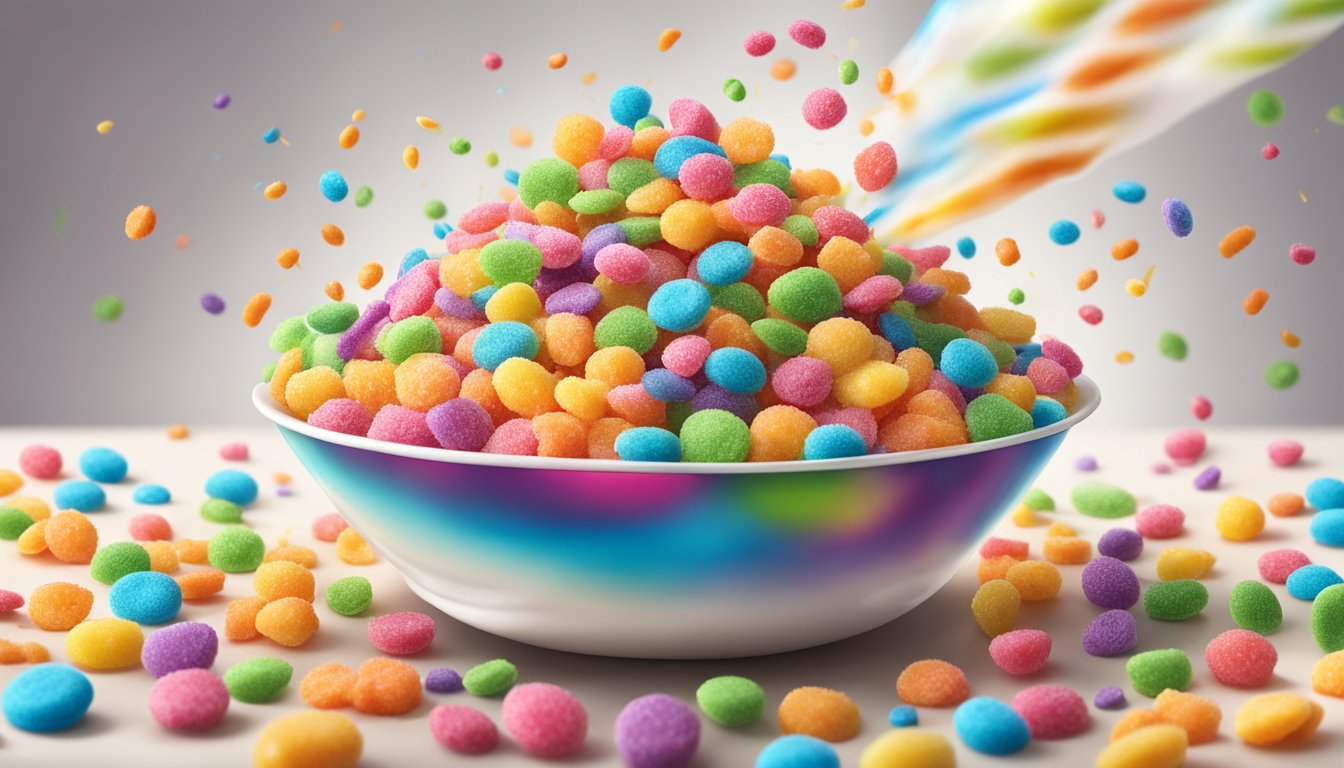 A bowl of colorful Trix cereal being sprinkled over a creamy dessert, creating a vibrant and playful topping