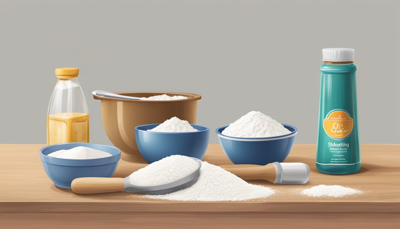 A kitchen counter with a bowl of flour, a measuring cup of Crisco shortening, and a rolling pin