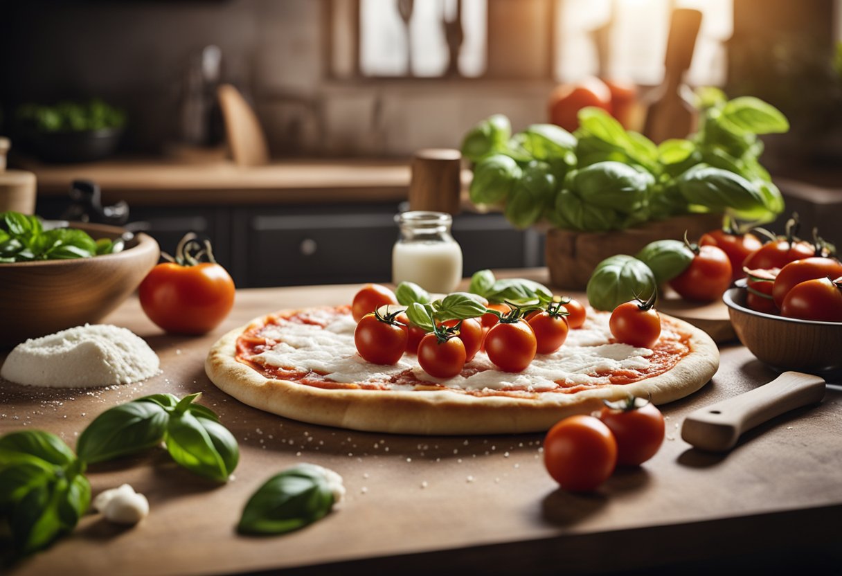 Uma bancada de cozinha rústica com ingredientes frescos como tomates, manjericão, mozzarella e farinha. Um rolo de massa e uma pá de pizza de madeira estão prontos para uso.